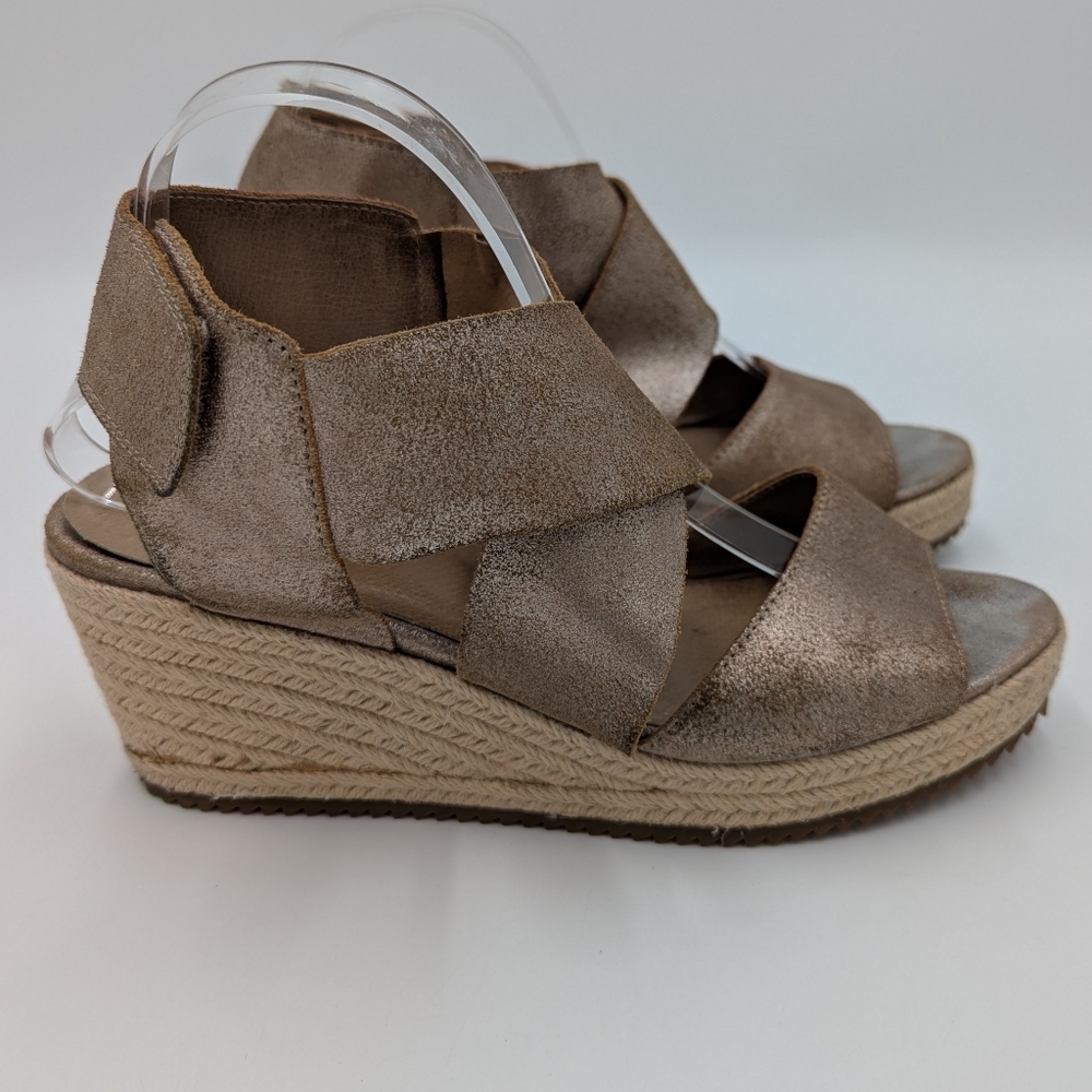Eileen Fisher Willow Leather Wedge Sandals Espadrilles Silver Metallic 9.5 Boho